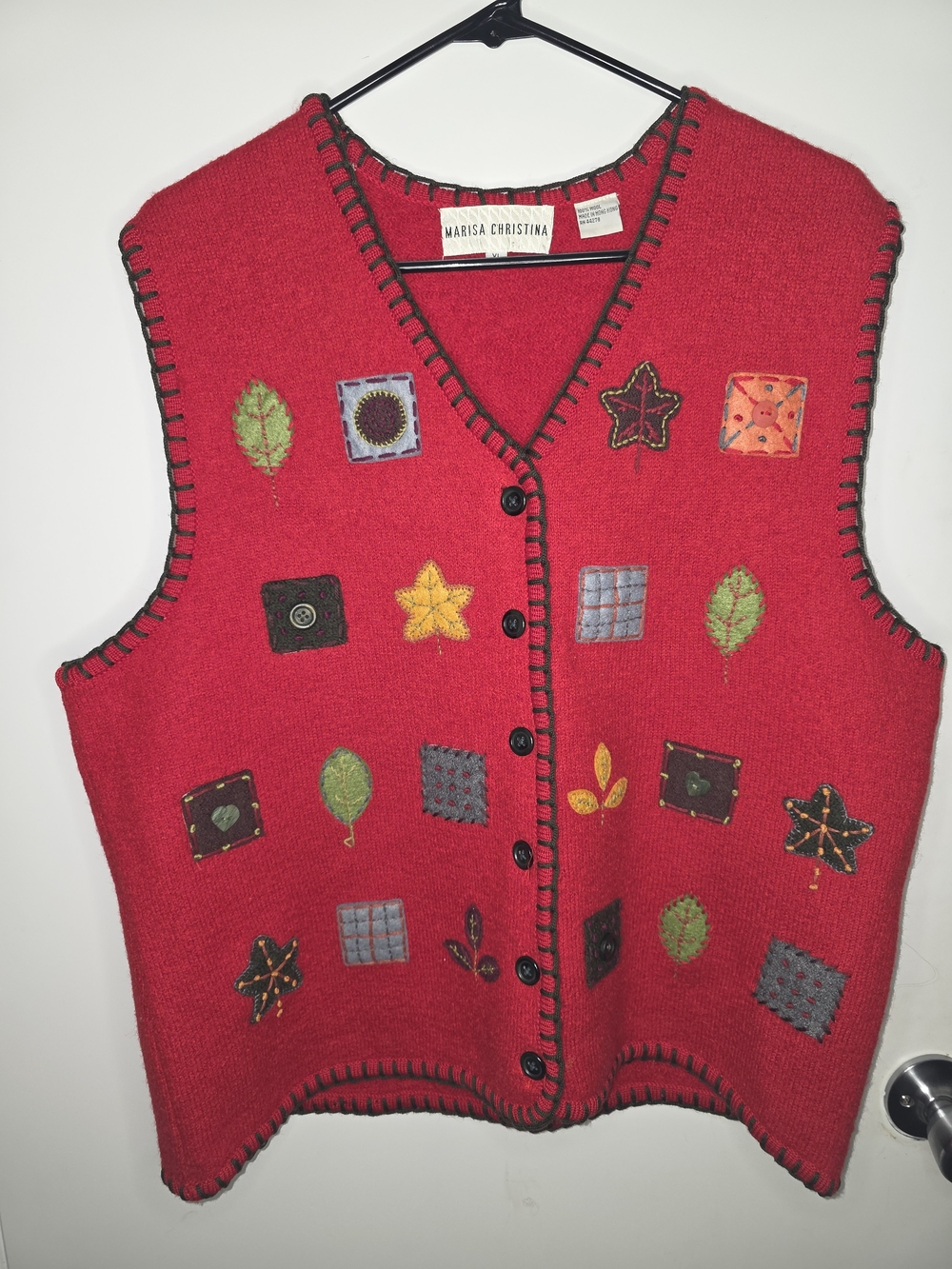 XL-100% Wool Vintage Marisa Christina Red Embellished Button Front Sweater Vest